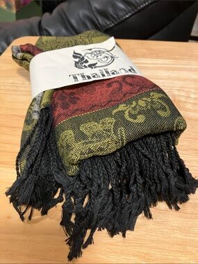 pashmina Black, Red & Olive Elephant Printed Tassel Scarf